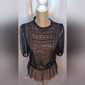 Haute Monde Black Lace Sheer Puff Sleeve Blouse